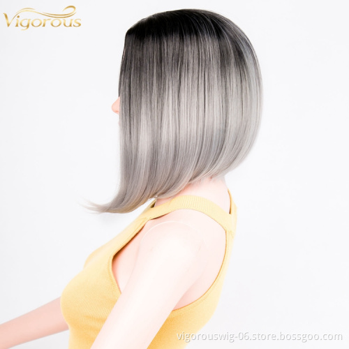 High quality wholesale premium vendor ombre silver short straight wavy hair synthetic heat resistant wig lace front black women